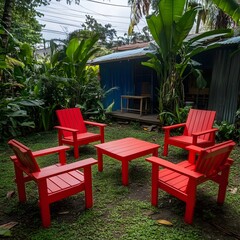 Vibrant Red Wooden Chairs and Table Set in Lush Tropical Garden