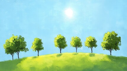 Obraz premium Five Green Trees on a Sunny Hilltop