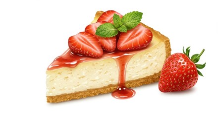 A delectable slice of strawberry cheesecake with mint garnish and a whole strawberry nearby