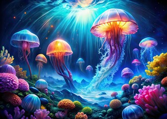 Glowing Jellyfish Deep Sea Panorama, Underwater Landscape