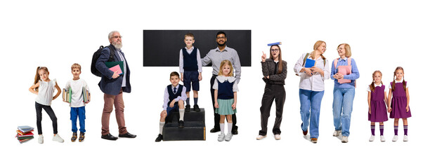 Obraz premium Collage of students and teachers engaging in various educational activities, showing learning environment on white background. Concept of education knowledge self-development. 12 models