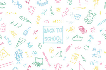 Seamless pattern of Hand drawn school supplies. Big set of Back to school doodle elements. Can be used for wallpaper, pattern fills, textiles, web page background, surface textures