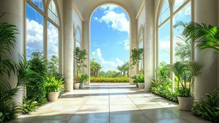 Elegant sunlit hallway with large windows and vibrant greenery