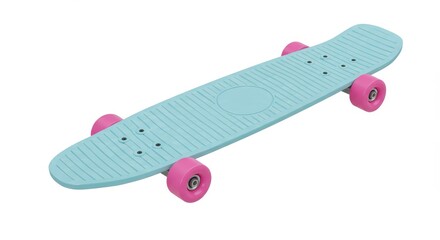 A light blue skateboard with pink wheels on a white background in a studio shot for product display