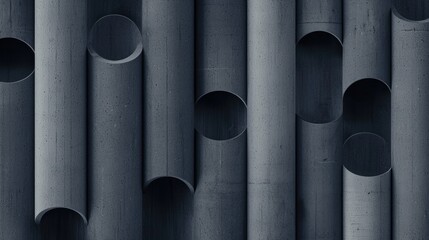 A wall of gray concrete pipes with circular openings.