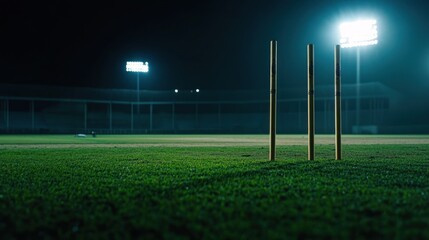 Empty cricket pitch at night under stadium lights