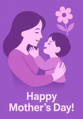 Heartwarming Happy Mother&rsquo;s Day Illustration with Mother and Child Embracing on a Purple Background with Flower Motif for Family Love and Celebration Themes
