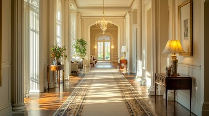 Fototapeta premium Elegant Hallway with Natural Light and Luxurious Decor in Interior