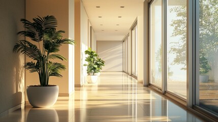 Bright Modern Hallway with Indoor Plants and Large Windows