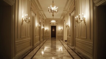Fototapeta premium Elegant Hallway with Crystal Chandeliers and Marble Floor Shine