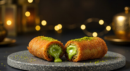 Exquisite knafeh rolls filled with vibrant matcha cream on a modern dark plate