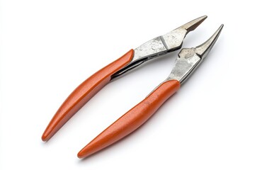 Worn orange handled pliers isolated on white showing metal wear and detail vintage tools