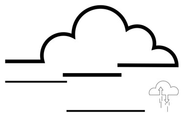Cloud with bold outline and horizontal lines, indicating flow or movement, paired with a smaller cloud featuring up and down arrows. Ideal for weather, climate, data operation, cloud computing