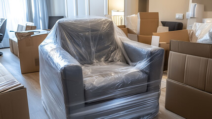 A couch wrapped with plastic ready for moving out, Sofa covered in protective plastic wrap, Furniture preservation and care, Furniture mover and delivery concept