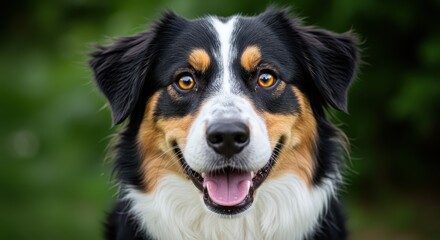 A close up portrait of a happy australian shepherd dog with bright eyes and a blurred green background