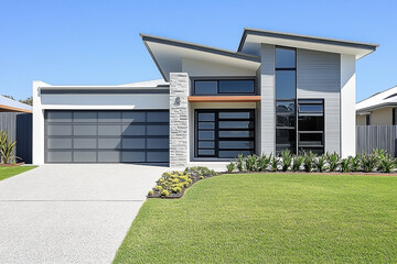 Contemporary single story home boasting architectural roof and ample windows
