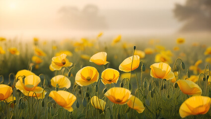 Obraz premium A radiant field of yellow poppies glows in the gentle light of sunrise, set against a softly blurred background that enhances the dreamy, peaceful ambiance