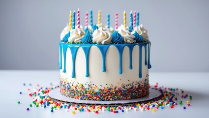 Colorful sprinkles on a birthday cake topped with blue ganache drip
