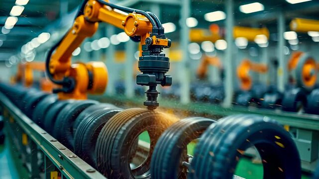 Mechanical Arm, automation efficiency, robotic precision. Industrial automation. Robotic arms assemble car components. Automation speeds tire production line. Industrial robots improve manufacturing