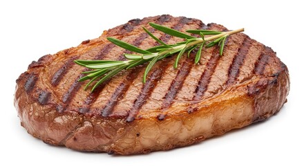 A close up shot of a grilled steak topped with a sprig of rosemary on a white background surface