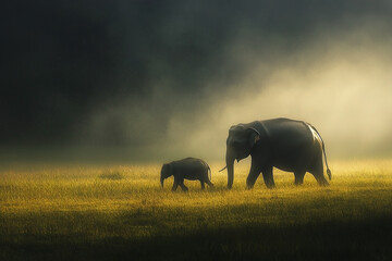 Elephants walk through a golden meadow under a misty, serene atmosphere