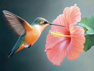 Hummingbird with pink hibiscus flower