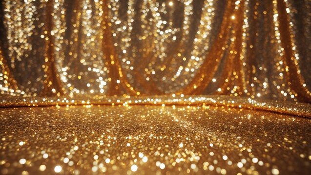 Lovely golden glitter canvas. Texture. Holiday-themed background with golden sequins, copyspace. Radiant sequined textile.