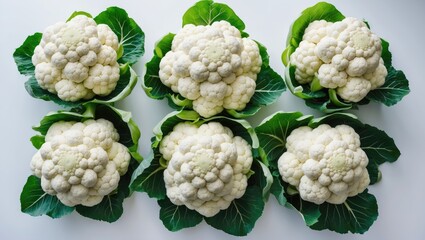 Fresh Organic Cauliflower Heads with Green Leaves on a White Background - Top-Quality Image for Healthy Eating, Agriculture, and Cuisine