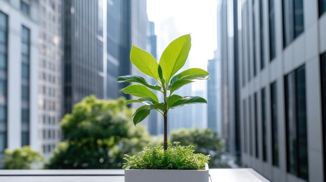 A small green plant grows in a white pot on a balcony with blurred modern skyscrapers and city buildings in the background.
