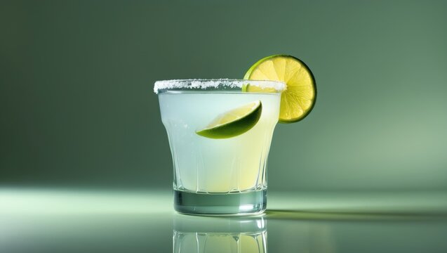 A glass of margarita cocktail with a salted edge and a slice of lime set on a green background. Vertical shot.