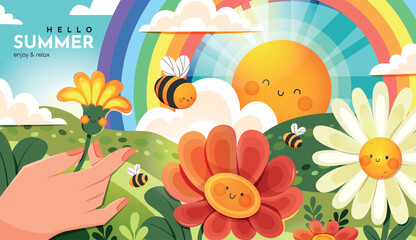 Bright summer children's illustration with a green meadow, flowers, sun, rainbow and cute bees. Colorful background for design and decoration.