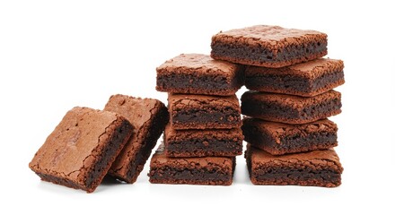 A stack of fudgy chocolate brownies on a white background with some brownies to the side of the stack