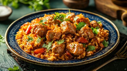 Fototapeta premium Savory rice dish with meat and vegetables in a rustic setting