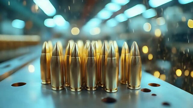 Ammunition Production Line with Rows of Bullets in Manufacturing Facility

