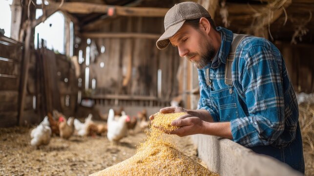 Farmer Inspecting Feed in Barn with Chickens
