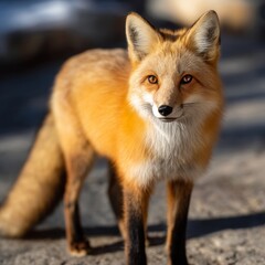 Fototapeta premium A red fox standing on a rock looking at the camera