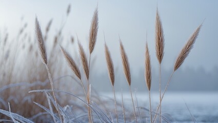 Fototapeta premium Icy beauty and texture of frozen plants create a tranquil winter ambiance.