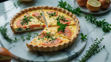 Cutting board with sliced salmon and cheese quiche featuring herbs