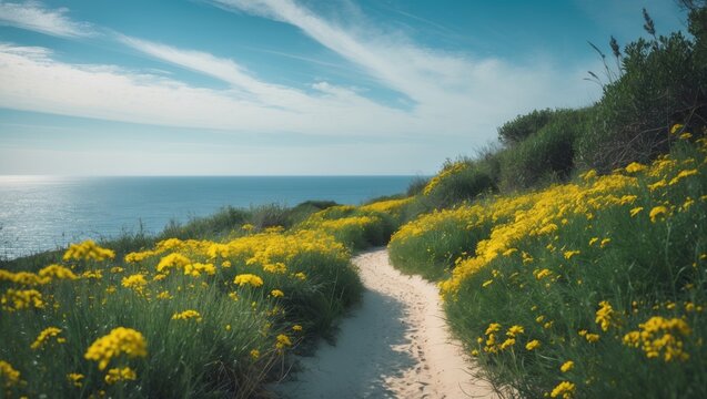 Hiking trail winding through a field of beautiful yellow wildflowers in bloom - Powered by Adobe