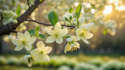 Sunny park scene featuring white blossoms on tree branches, flowering plant with a picturesque background and copy space, seasonal bloom