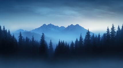 Obraz premium Mountain view with forest and fog