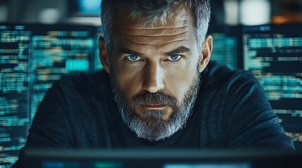Focused man staring intently at computer screens filled with code