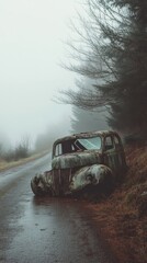 A classic, old, and damaged dark-colored car sits abandoned on the side of a wet road covered with fallen leaves, shrouded in thick fog and surrounded by bare trees.