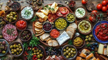 Fototapeta premium Variety of Mediterranean Food Spread with Fresh Ingredients on Table