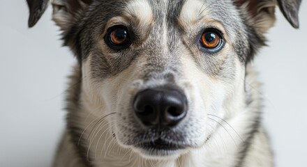 A close up shot of a dog with brown eyes and gray and white fur looking directly at the camera lens
