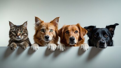 Cats and dogs arranged in a row with heads lifted and paws raised, gazing over an empty sign.