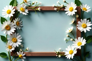 Rustic wooden frame covered in delicate white daisies and baby's breath, flowers, decoration, wood © Pimchada