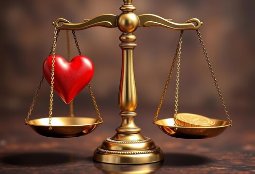 Scales of justice balanced, red heart on one side, gold coin on the other, conflict, decision