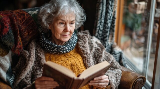 An elderly woman sits comfortably in her cozy chair near a window, deeply engaged in a book discussing sustainable living. The warm light creates a serene atmosphere as she learns