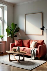 Scandinavian style living room with comfortable velvet sofa and trendy decor, modern, accent, room